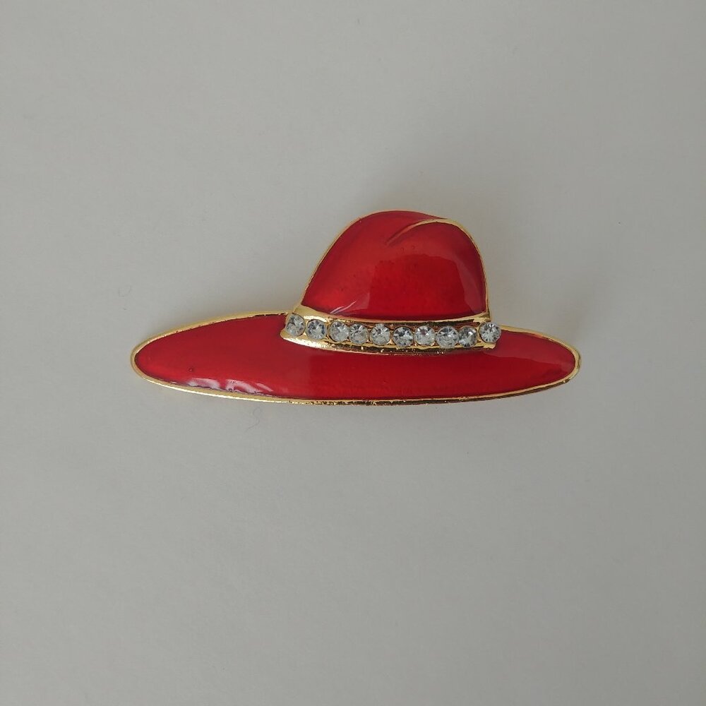 Red and gold tone glossy hat brooch pin crystal trim detail